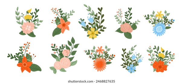 Set of flat hand drawn abstract floral compositions. Vector colored illustration isolated on white background. Unique print design for printout, poster, interior decor, stickers