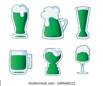 Set of flat hand drawn beer mug icons isolated on white. Beer day, st patricks day party concept