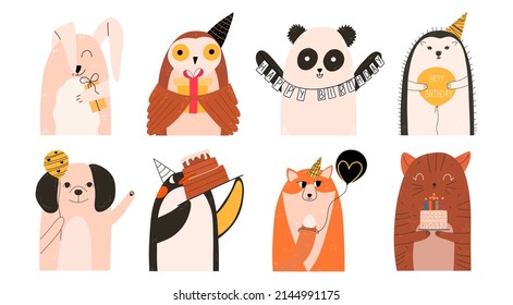 Set of flat hand drawn cute animal characters. Vector illustration