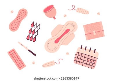 Set of flat hand drawn feminine hygiene items. Collection of women's menstrual period items - menstrual cup, tampons, pads, pregnancy tests.