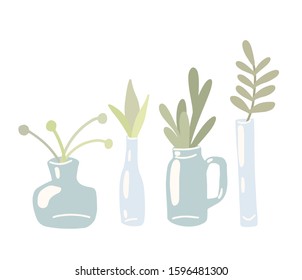 Set of flat hand drawn glass vases and cans with bouquets of herbs and leaves. Elements of lagoon decor. Vector gently drawn objects for cards, invitations, pin stickers and your creativity.