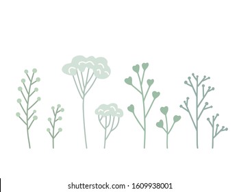 Set of flat hand drawn herb, twig and grass. Elements of the lagoon decor. Vector gently drawn objects for cards, invitations, pin, stickers and your creativity.