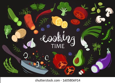 Set of flat hand drawn isolated vegetables on a black background. Vector illustration. Cooking time. Fresh organic food. EPS 10.