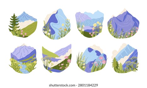 Set of flat hand drawn mountain landscape, wild nature view. Meadow wildflower, fog, river, pine tree. Doodle wildlife illustration.