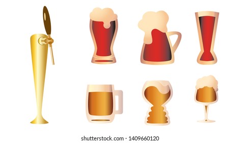 Set of flat hand drawn red and amber beer mug icons and beer tap isolated on white. IPA, India pale ale. Beer day party concept