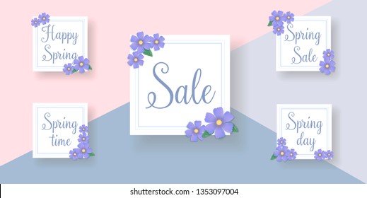 Set of flat and hand drawn spring cards and labels for season sale. Spring Sale. banner template. Feminine sale tag. Vector illustration. Elegant design.