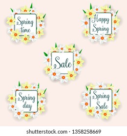 Set of flat and hand drawn spring cards and labels for season sale. Spring Sale. banner template. Feminine sale tag. Vector illustration. Elegant design.