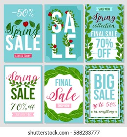 Set of flat and hand drawn spring cards and labels for season sale, fashion discounts, promotional flyers and posters, apps, websites, printing material etc. Colorful and floral sale badges.