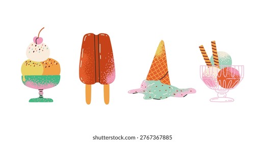 Set of flat hand drawn variation ice cream. Sweet icecream, cold milk snack for kids. Ball of sorbet, gelato, juice. Frozen summer dessert.