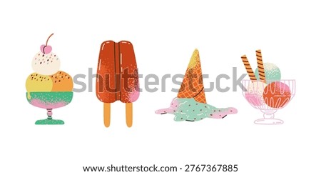 Set of flat hand drawn variation ice cream. Sweet icecream, cold milk snack for kids. Ball of sorbet, gelato, juice. Frozen summer dessert.