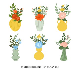 Set of flat hand drawn vases with abstract floral bouquets. Vector colored illustration isolated on white background. Unique print design for printout, poster, interior.