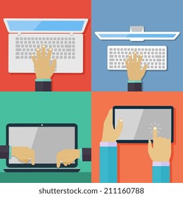 Set of flat hand icons holding various hi-tech computer and communication devices.  Digital tablet and laptop using hand touching screen symbol