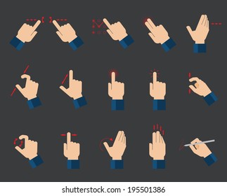 Set of flat hand  icons showing commonly used multi-touch gestures for  touchscreen tablets or smartphones 