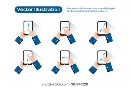 Set of flat hand icons showing used touch screen gesture for tablets or smart phones 
