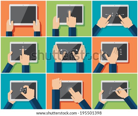 Set of flat hand  icons showing commonly used multi-touch gestures for  touchscreen tablets or smartphones 