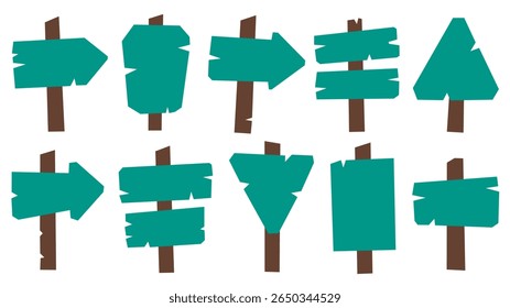 Set of flat hand-drawn wooden road signs in various shapes. Perfect for maps, games, nature themes, adventure routes, or fantasy scenes. 