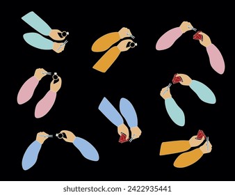 Set of Flat hands with Brilliant ring, Gemstone and Tweezers. Collection of Jeweler Arms Silhouette, Vector Cartoon illustration. Jewelry making concept. Design object for Card, Poster, Banner.