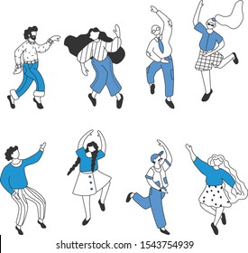 Set of flat happy dancing people. Funny friends dance and jump. Doodle style