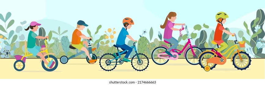 Conjunto de niños llanos y felices en bicicleta en una carretera de parque con flores y hojas. Niños montando coloridas bicicletas al aire libre en el paisaje natural de verano por senderos a través de la vía verde. Ilustración vectorial.