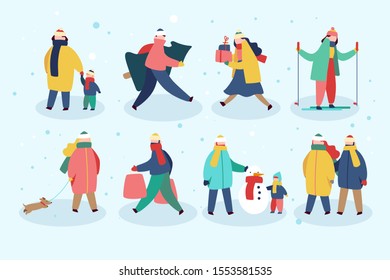 Set of flat happy people characters dressed in winter clothes on blue background. New Year preparing, active recreation, Christmas sale, winter holidays concept. Vector seasonal illustration.