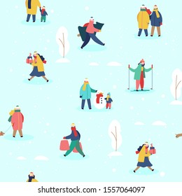 Set of flat happy people characters dressed in winter clothes on blue background. New Year preparing, active recreation, winter holidays concept. Vector seamless pattern.