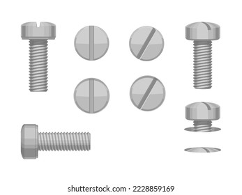 Set of flat head machine screw on white background