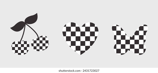 Set of flat heart, butterfly, cherry, circle with black and white checkered pattern inside. Monochrome design chess texture stickers, icons. Vector illustration