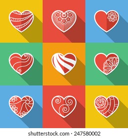Set of Flat Heart Icons on Random Background with Long Shadow