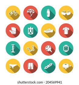 Set of flat helmet bike cycling sport hobby equipment biking icons white color long shadow on circles vector illustration