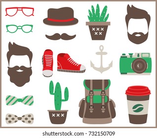 Set of flat hipster style infographics elements,  icons and accessories. With sunglasses, mustache, bowtie, hairstyle, anchors, cactus, backpack, coffee cup, hat, sneakers  and camera. 