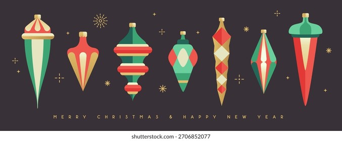 Satz von flachen Weihnachtsbaumspielzeug, Bauschen, Knackpunkte, Dekorationen einzeln auf dunklem Hintergrund. Vektorgrafik