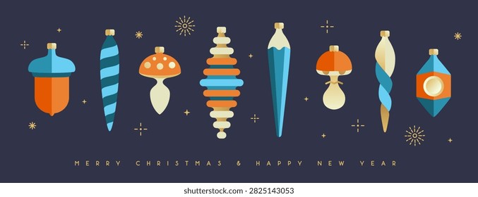 Set of flat holiday Christmas tree toys, baubles, knick knacks, decorations isolated on dark blue background. Vector illustration