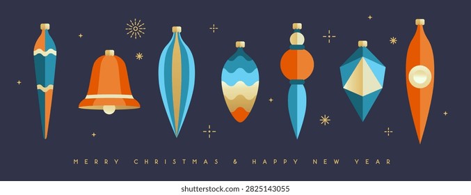 Set of flat holiday Christmas tree toys, baubles, knick knacks, decorations isolated on dark blue background. Vector illustration