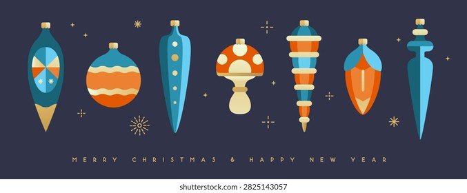 Set of flat holiday Christmas tree toys, baubles, knick knacks, decorations isolated on dark blue background. Vector illustration