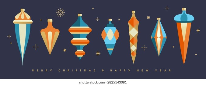 Set of flat holiday Christmas tree toys, baubles, knick knacks, decorations isolated on dark blue background. Vector illustration
