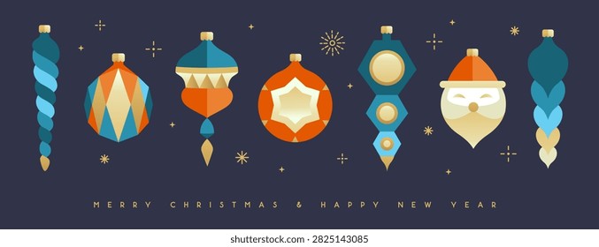 Set of flat holiday Christmas tree toys, baubles, knick knacks, decorations isolated on dark blue background. Vector illustration