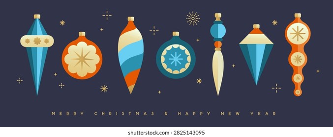 Set of flat holiday Christmas tree toys, baubles, knick knacks, decorations isolated on dark blue background. Vector illustration
