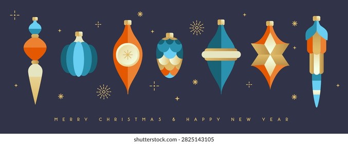 Set of flat holiday Christmas tree toys, baubles, knick knacks, decorations isolated on dark blue background. Vector illustration