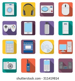 Set of flat home appliances and electronic devices icons. Washer and fridge, mobile and computer, camera and stereo.