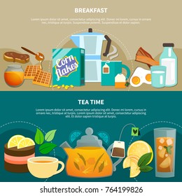 Set of flat horizontal banners with food and drink for breakfast and tea time isolated vector illustration 