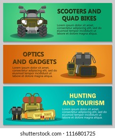 A set of flat horizontal banners with images of equipment items for hunting and tourism. Vector illustration.
