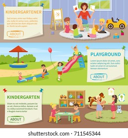 Set of flat horizontal banners with kindergarten including teacher with kids, fun on playground isolated vector illustration