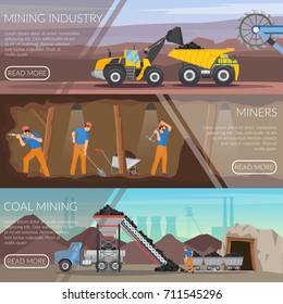 Set of flat horizontal banners with mining industry, workers with tools, coal extraction isolated vector illustration