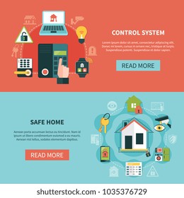 Set of flat horizontal banners with safe home and control system at electronic devices isolated vector illustration