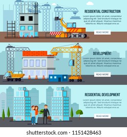 Set of flat horizontal banners sky scraper construction building site and residential development isolated vector illustration 