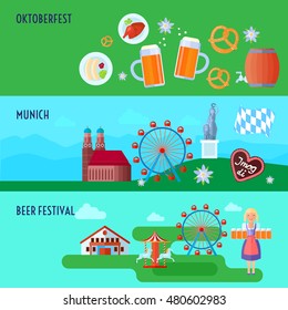 Set of flat horizontal German Oktoberfest beer festival icons banners Munich and Bavaria vector illustration