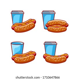 Set of flat hot dog and glass illustration isolated on white background. sandwich with ketchup and mustard. Fast food hotdog icon for poster, banner, menu, brochure, web. 