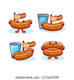 Set of flat hot dog and glass illustration isolated on white background. sandwich with ketchup and mustard. Fast food hotdog icon for poster, banner, menu, brochure, web. 