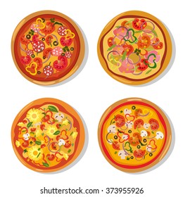 Set of flat hot pizza icons. Pizza isolated on white, pepperoni pizza. Vector EPS10
