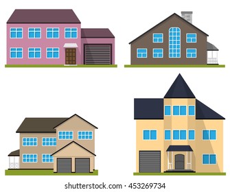Set of flat house. Home icon. Town cottage. Real estate building. Vector illustration.